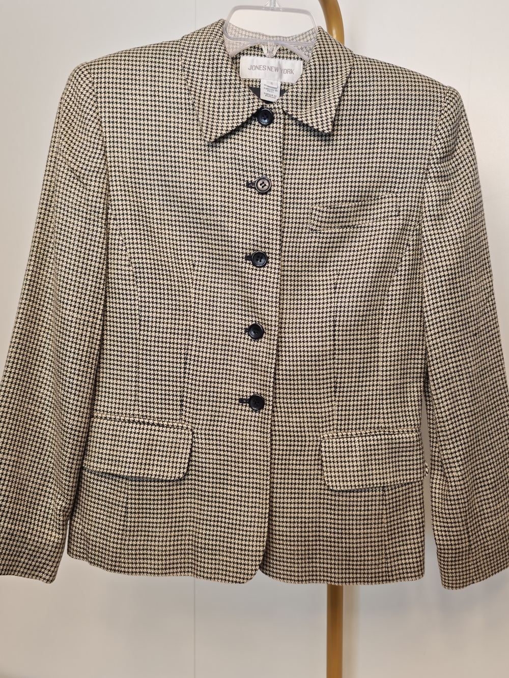 Acadamia Preppy Houndstooth Button-Front Blazer Jacket Black Cream Size 6 USA